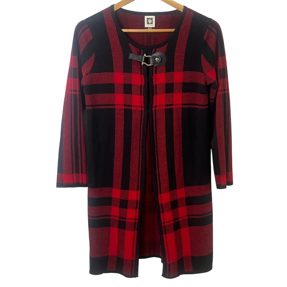 Anne‎ Klein Red Black Tartan Plaid Long Sweater Cardigan Buckle Closure Small
